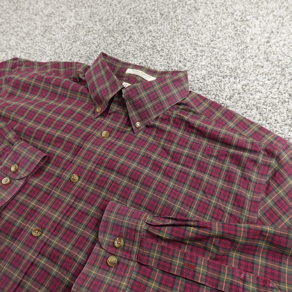LL Bean Shirt Mens XL Red Green Scotch Plaid Wrinkle Free Kennebun Button‎ Up